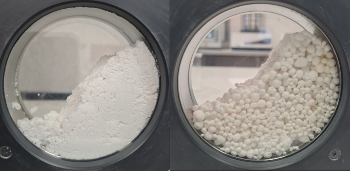 two pictures of a white powder sample. On the left a picture of non granulated sample and on the right picture of sample after external granulation